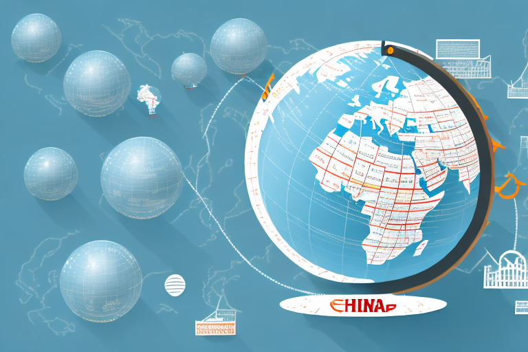 A globe with a trail connecting china (representing alibaba) to the usa (representing amazon)