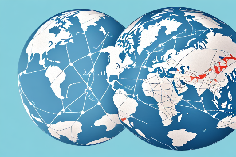 A globe with trade routes connecting china (symbolized by a panda) and the us (symbolized by an eagle)