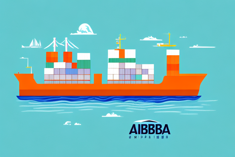 A cargo ship with alibaba's colors sailing towards a warehouse representing amazon fba