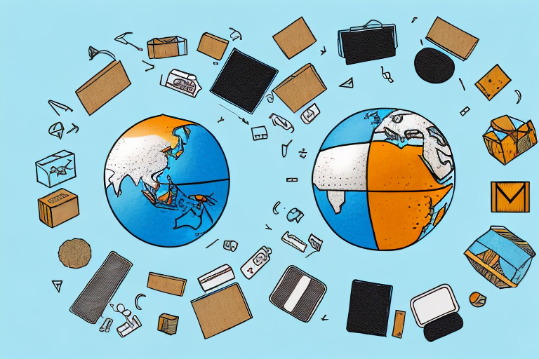 A globe with different types of products (like boxes