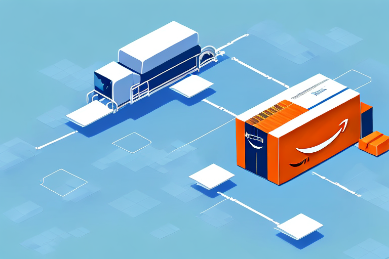 A conveyor belt transferring a box from an alibaba icon to an amazon icon