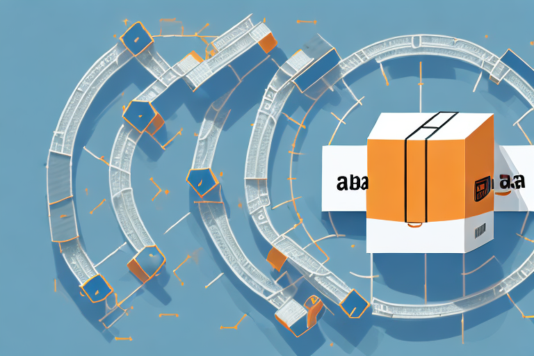 A conveyor belt carrying a box from an icon representing alibaba on one end to an icon representing amazon on the other end