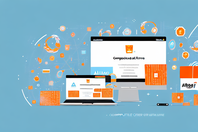 A computer screen displaying the alibaba website on one side and the amazon website on the other