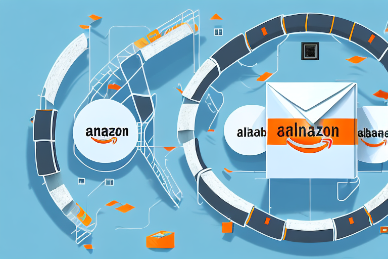 A conveyor belt with a box labeled with the alibaba icon on one end and the amazon icon on the other