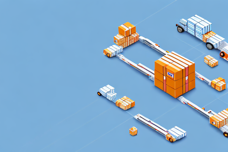 A conveyor belt with boxes moving from a symbol representing alibaba (like a shopping cart) on one end to a symbol representing amazon (like a delivery truck) on the other end