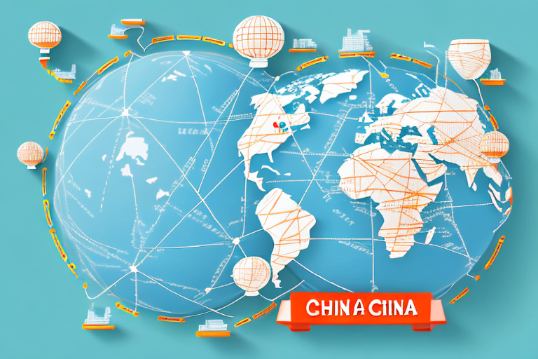 A globe showing a route from china (representing alibaba) to america (representing amazon)