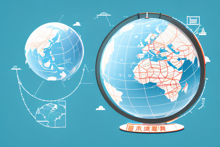 A globe showing a route from china (represented by a factory symbol) to the usa (represented by a shopping cart symbol)