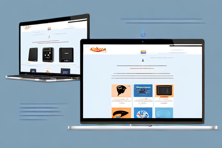 A computer screen showing alibaba's website on one side and amazon's website on the other