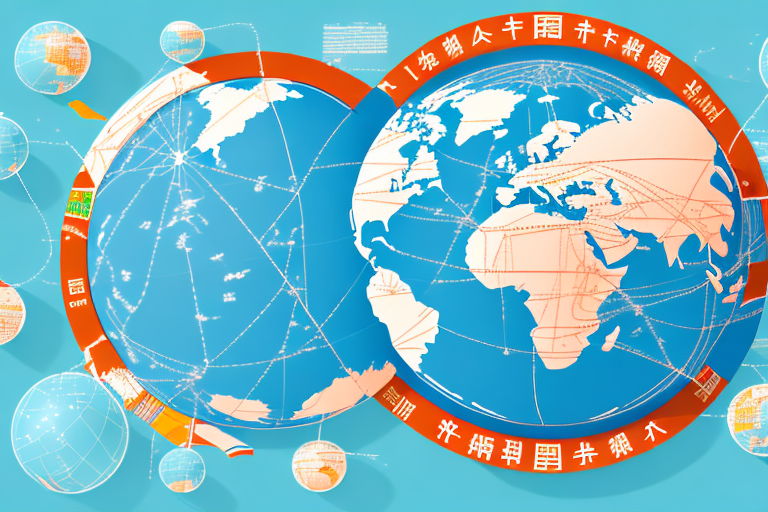 A globe showing a route from china (representing alibaba) to the usa (representing amazon)