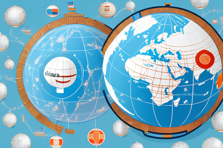 A globe with trade routes connecting china (representing alibaba) and the united states (representing amazon)