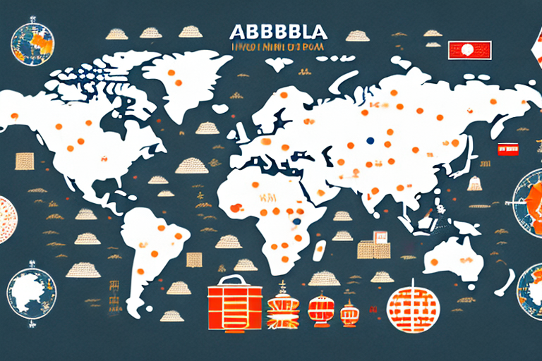 A world map connecting china (representing alibaba) and usa (representing amazon) with dotted lines