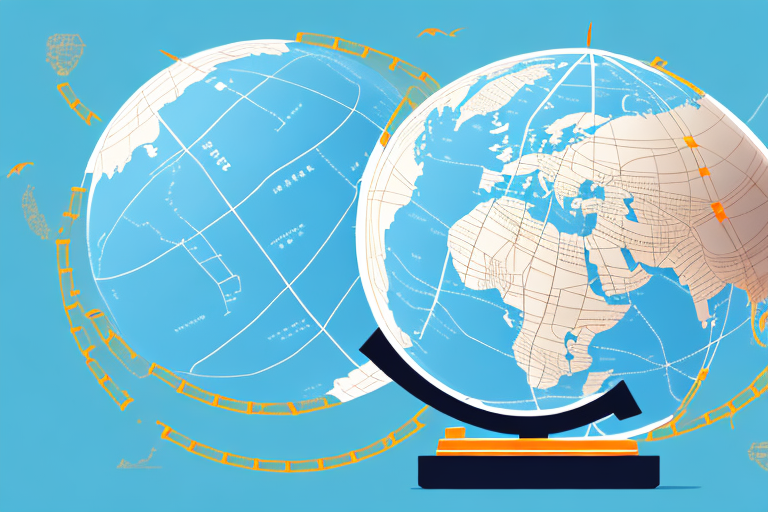 A globe with trade routes connecting china (symbolized by a factory) and the usa (symbolized by an amazon warehouse)