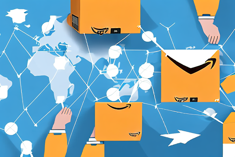 An amazon box and an alibaba package interconnected with a series of arrows indicating a transaction or exchange