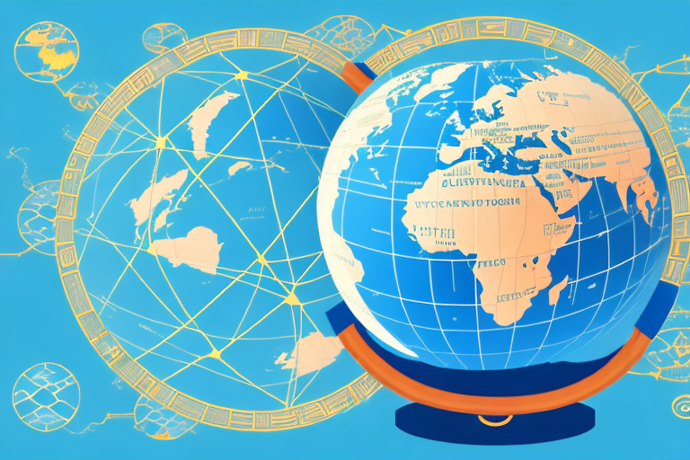 A globe with trade routes connecting the alibaba logo in china to the amazon logo in the us