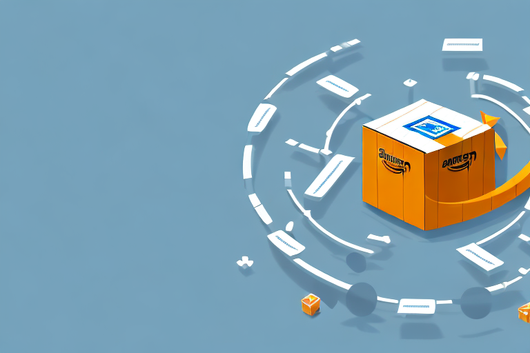 A conveyor belt with a box moving from an icon representing alibaba to an icon symbolizing amazon