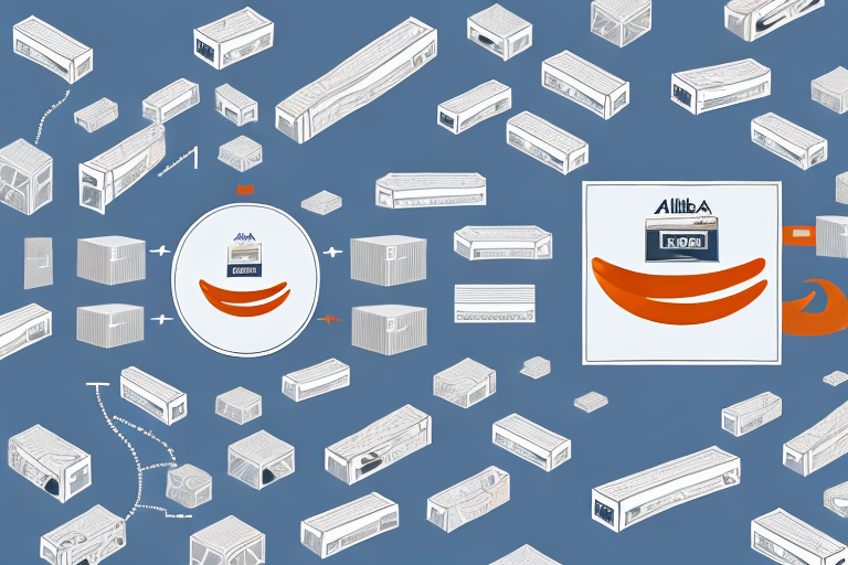 A conveyor belt with boxes moving from a symbol of alibaba (a camel) towards a symbol of amazon fba (a warehouse)