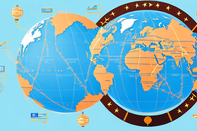 A globe showing a route from china (representing alibaba) to the united states (representing amazon fba)