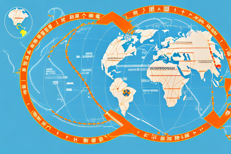 A globe showing a route from china to the united states