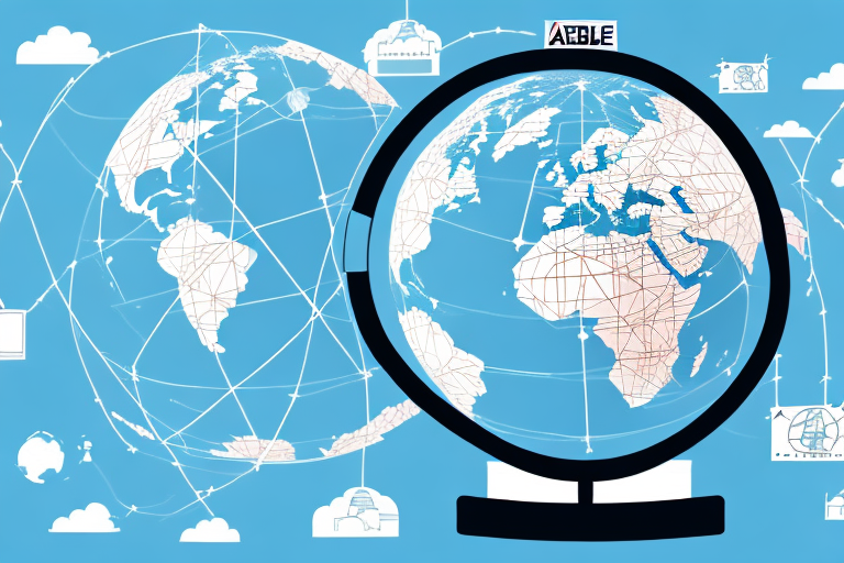 A globe with trade routes connecting alibaba's headquarters in china to amazon's distribution centers across the world