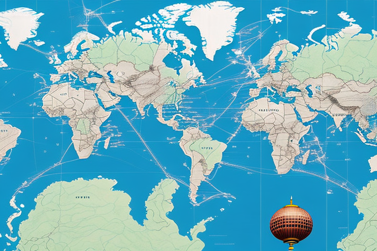 A globe showing a route from china (represented by an iconic landmark like the great wall) to the usa (represented by an iconic landmark like the statue of liberty)