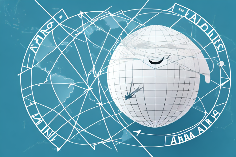 A globe with trade routes connecting amazon's logo (represented by a stylized arrow) and alibaba's logo (represented by a stylized 'a')