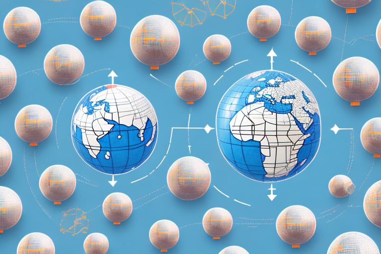 A globe with trade routes connecting china's alibaba and amazon's warehouse