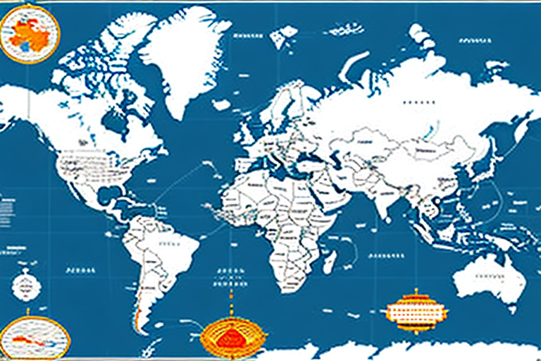 A world map showing a trade route from china to the united states