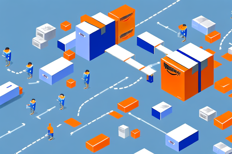 A conveyor belt with boxes transferring from an alibaba warehouse to an amazon warehouse