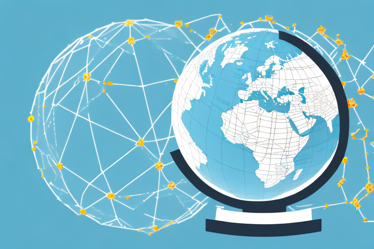 A globe with trade routes connecting china (symbolized by a factory) and the us (symbolized by an amazon box)