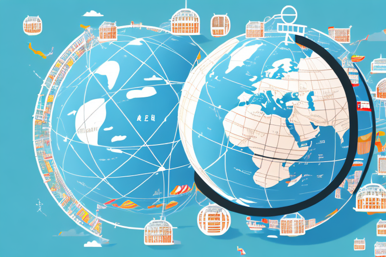 A globe with trade routes connecting china (symbolizing alibaba) and the united states (symbolizing amazon fba)