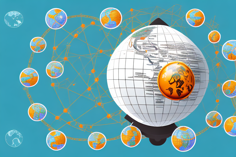 A globe with symbolic icons representing alibaba and amazon