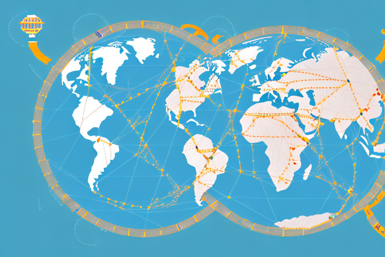 A globe with trade routes connecting china (alibaba's location) and the united states (amazon's location)