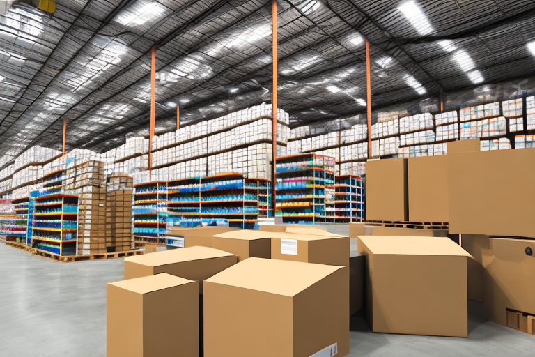 A warehouse full of various products with a box being prepared for shipment