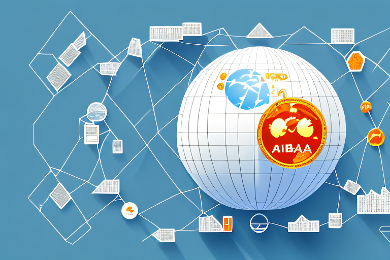 A digital globe with symbolic icons representing alibaba and amazon platforms