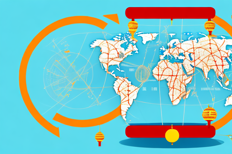 A globe showing a route from china to the us