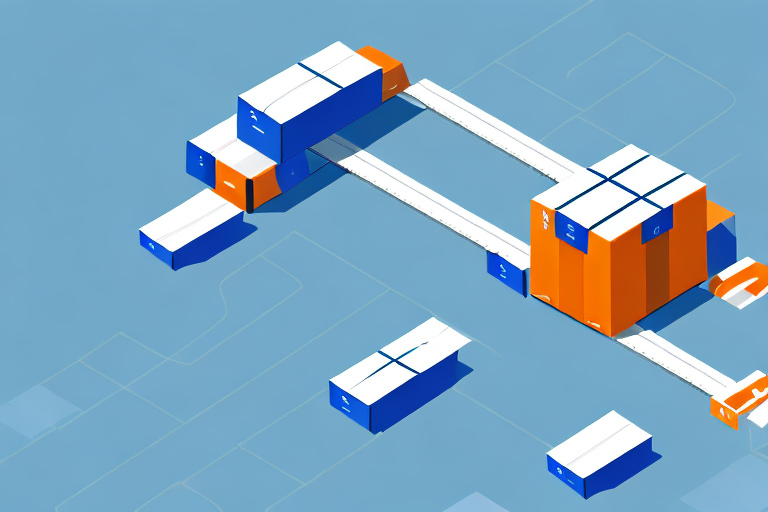 A conveyor belt with boxes moving from an alibaba icon to an amazon icon