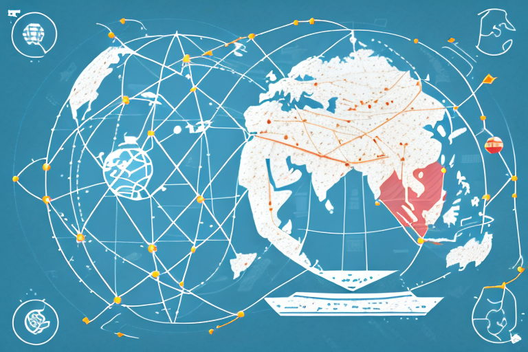 A globe with trade routes connecting an alibaba-inspired icon (like a genie lamp) on china's location to an amazon-inspired icon (like a box or a parcel) on usa's location