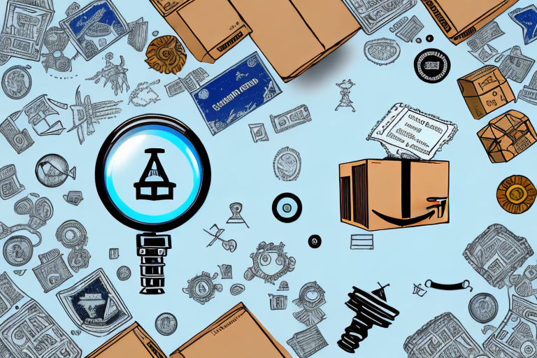 An amazon package surrounded by various shipping and handling symbols