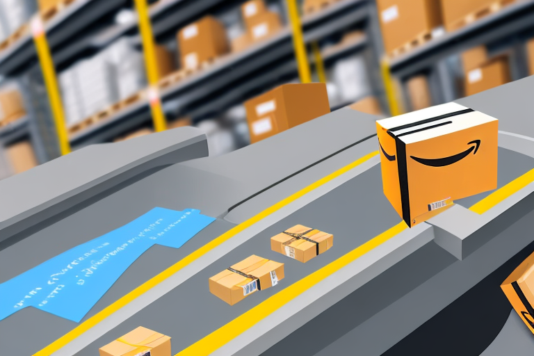 An amazon package on a conveyer belt in a warehouse