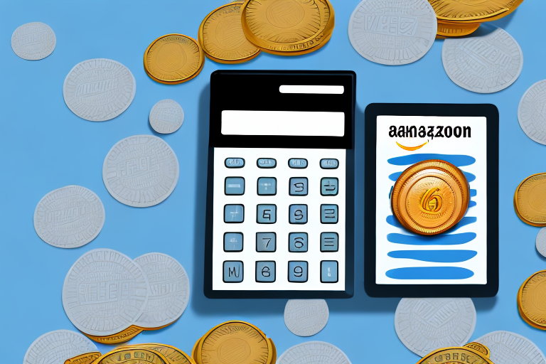 A calculator with amazon packages and coins around it