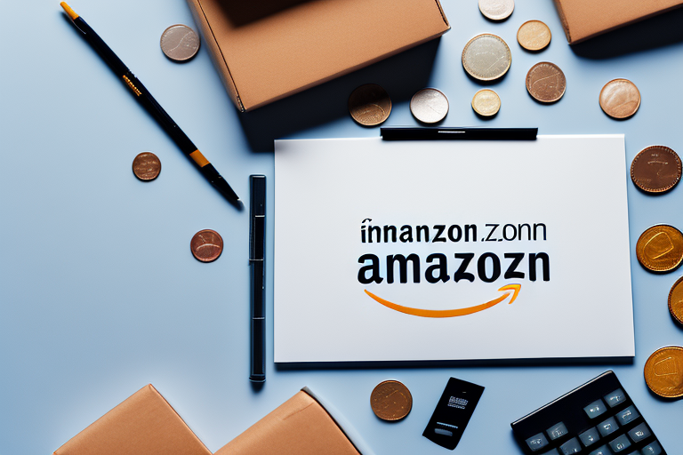 An amazon package surrounded by various financial elements like coins