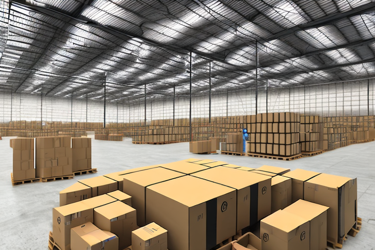 A large warehouse with amazon boxes being sorted and prepared for shipment