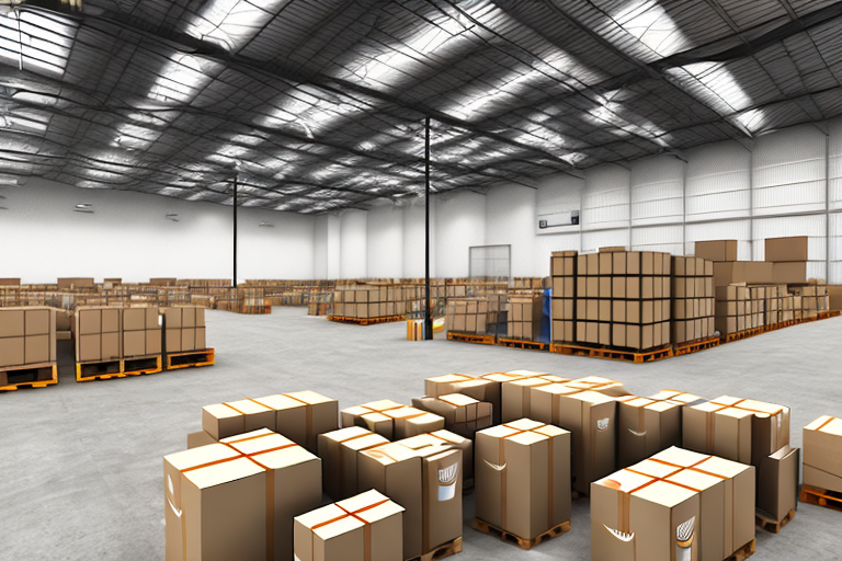 A warehouse with amazon packages being prepared for shipment