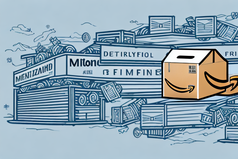 A stylized warehouse with amazon-branded delivery boxes and a conveyor belt