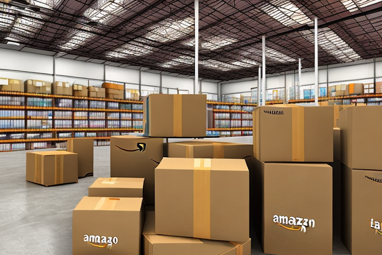 A warehouse with several amazon-branded boxes ready for shipment