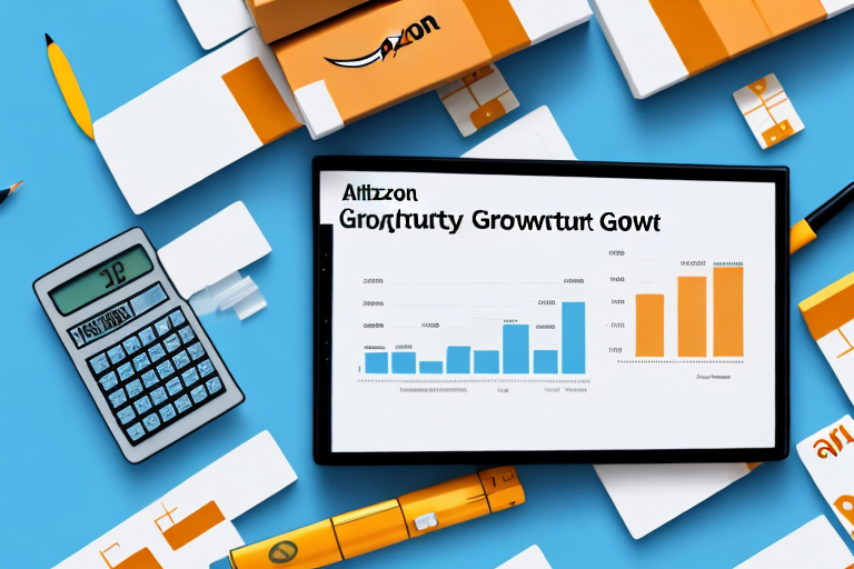 A calculator surrounded by amazon packages and a chart showing profit growth