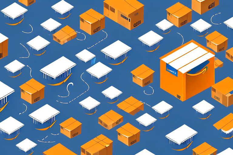 A warehouse with amazon's recognizable arrow-shaped tape on boxes