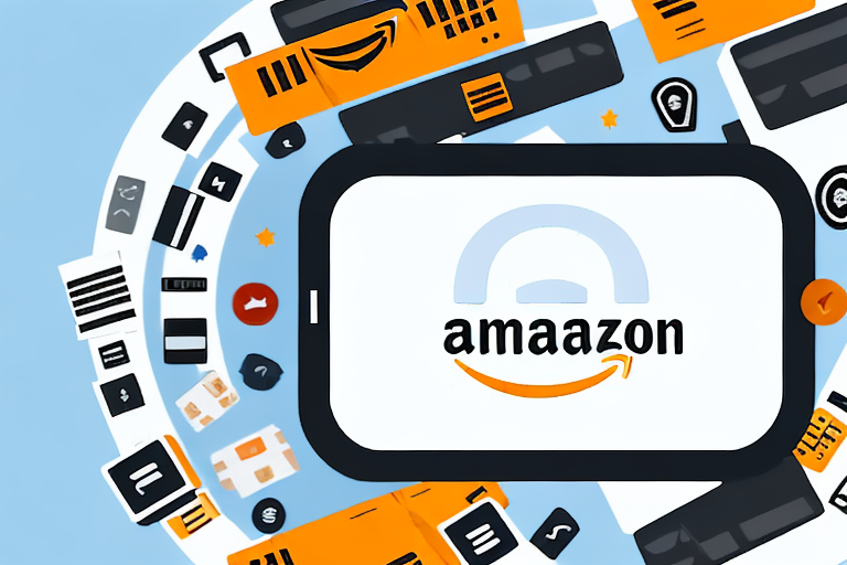 An amazon package on a conveyer belt surrounded by various symbols representing steps like listing