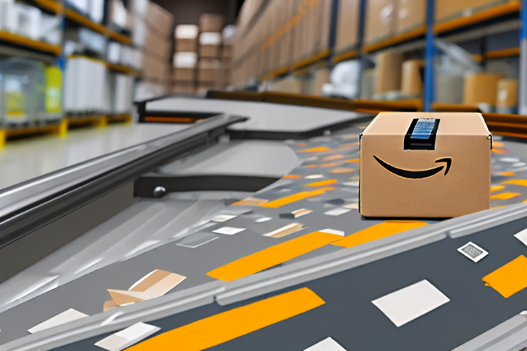 An amazon box on a conveyor belt in a warehouse