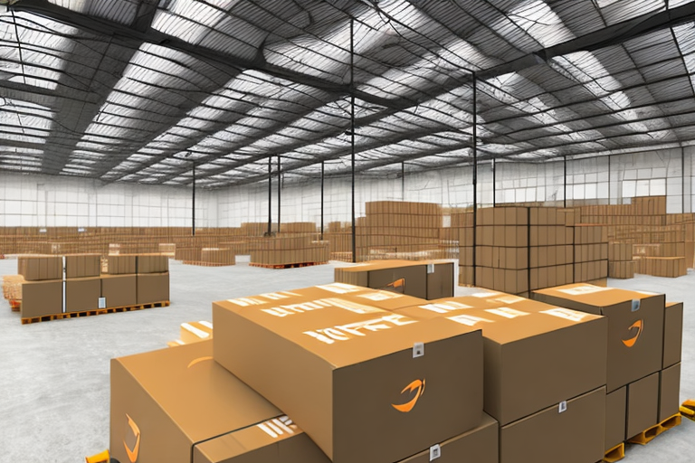 A warehouse with amazon boxes being prepared for shipment